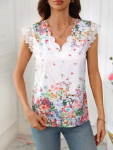 Lace Detail Printed V-Neck Cap Sleeve Blouse - Trendsi - Flyclothing LLC