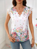 Lace Detail Printed V-Neck Cap Sleeve Blouse - Trendsi