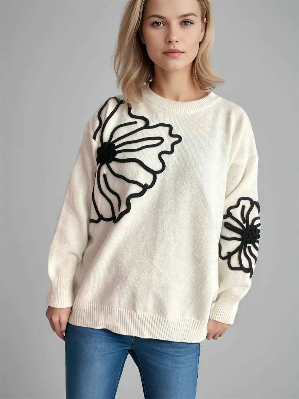 Flower Round Neck Long Sleeve Sweater - Trendsi - Flyclothing LLC
