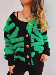 Contrast Button Up Long Sleeve Cardigan - Trendsi