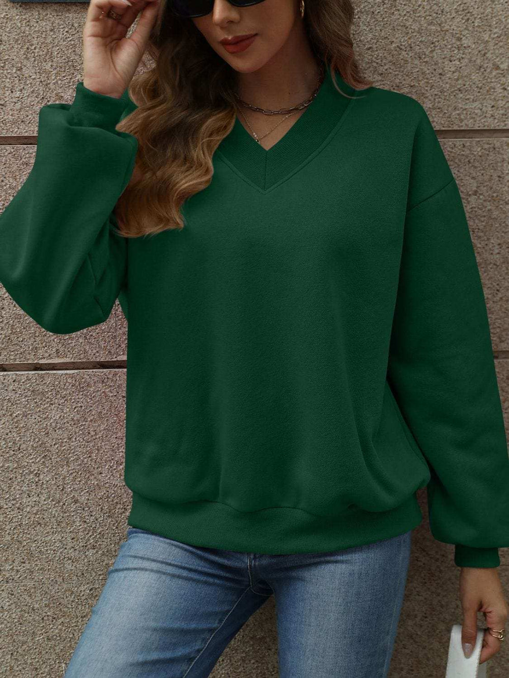 V-Neck Long Sleeve Dropped Shoulder Sweatshirt - Trendsi - Flyclothing LLC
