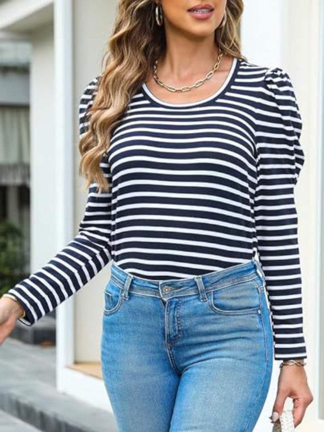 Striped Round Neck Long Sleeve T-Shirt - Trendsi - Flyclothing LLC