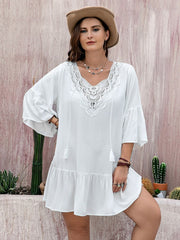 Plus Size Lace Detail Tie Neck Three-Quarter Sleeve Mini Dress - Trendsi