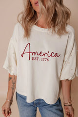 AMERICA EST 1776 Embroidered Pearl Beaded Sleeve T Shirt - Trendsi - Flyclothing LLC