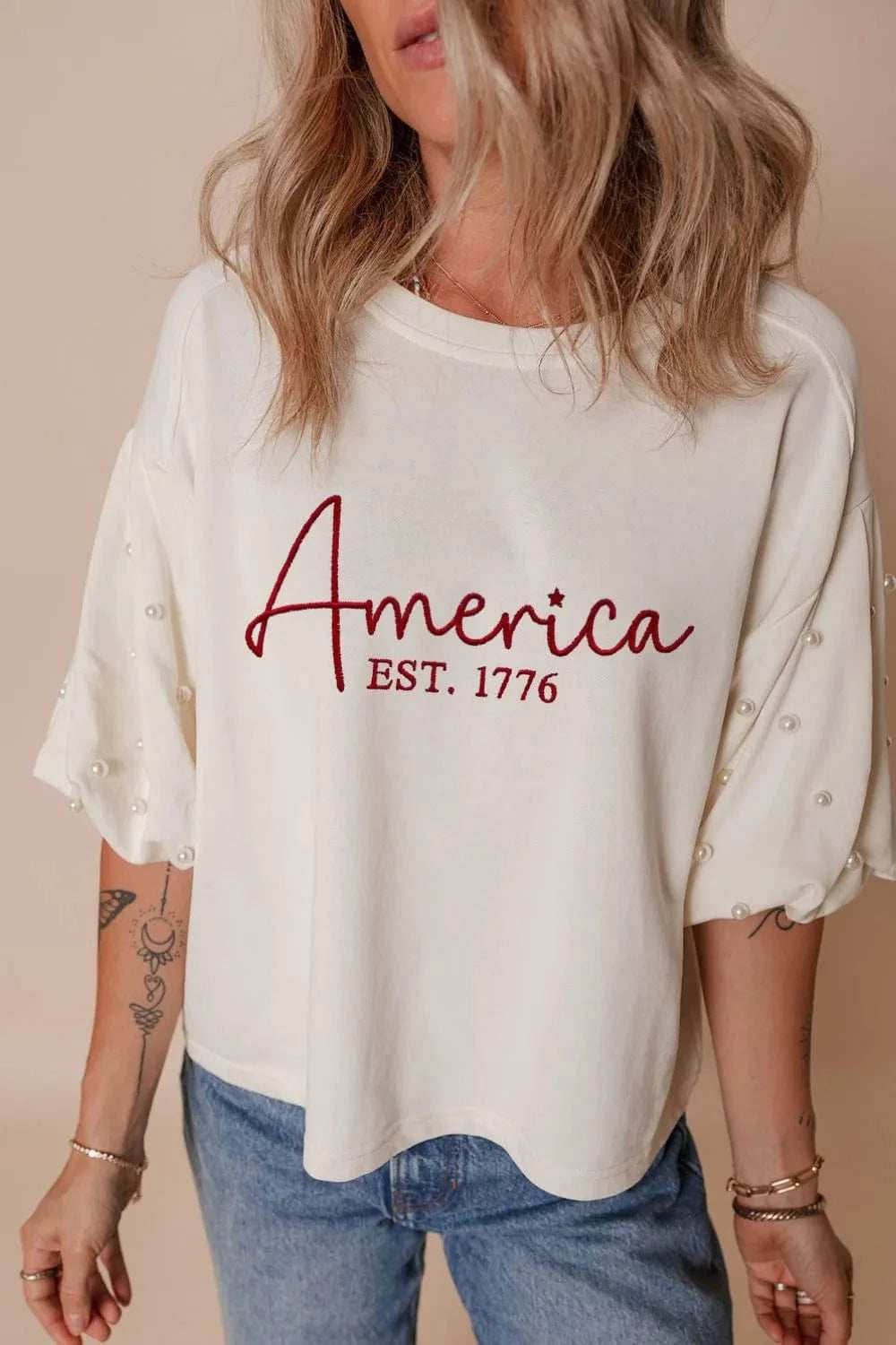 AMERICA EST 1776 Embroidered Pearl Beaded Sleeve T Shirt - Trendsi - Flyclothing LLC