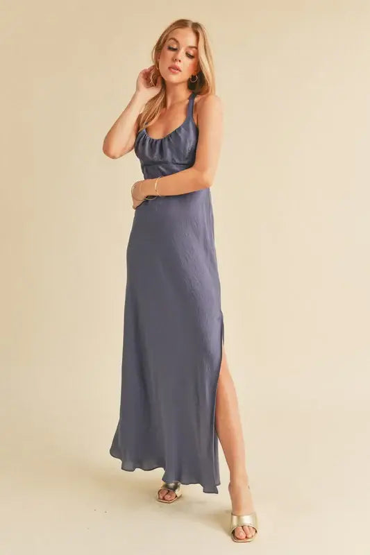 Aemi + Co Ruched Side Slit Cutout Back Maxi Cami Dress - Trendsi - Flyclothing LLC