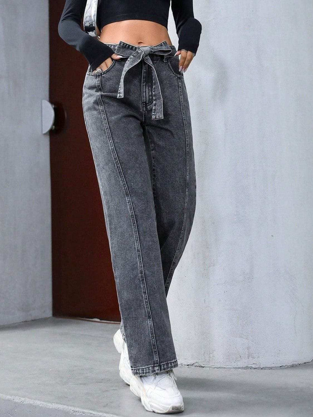 Tied Straight Leg Jeans with Pockets - Trendsi - Flyclothing LLC