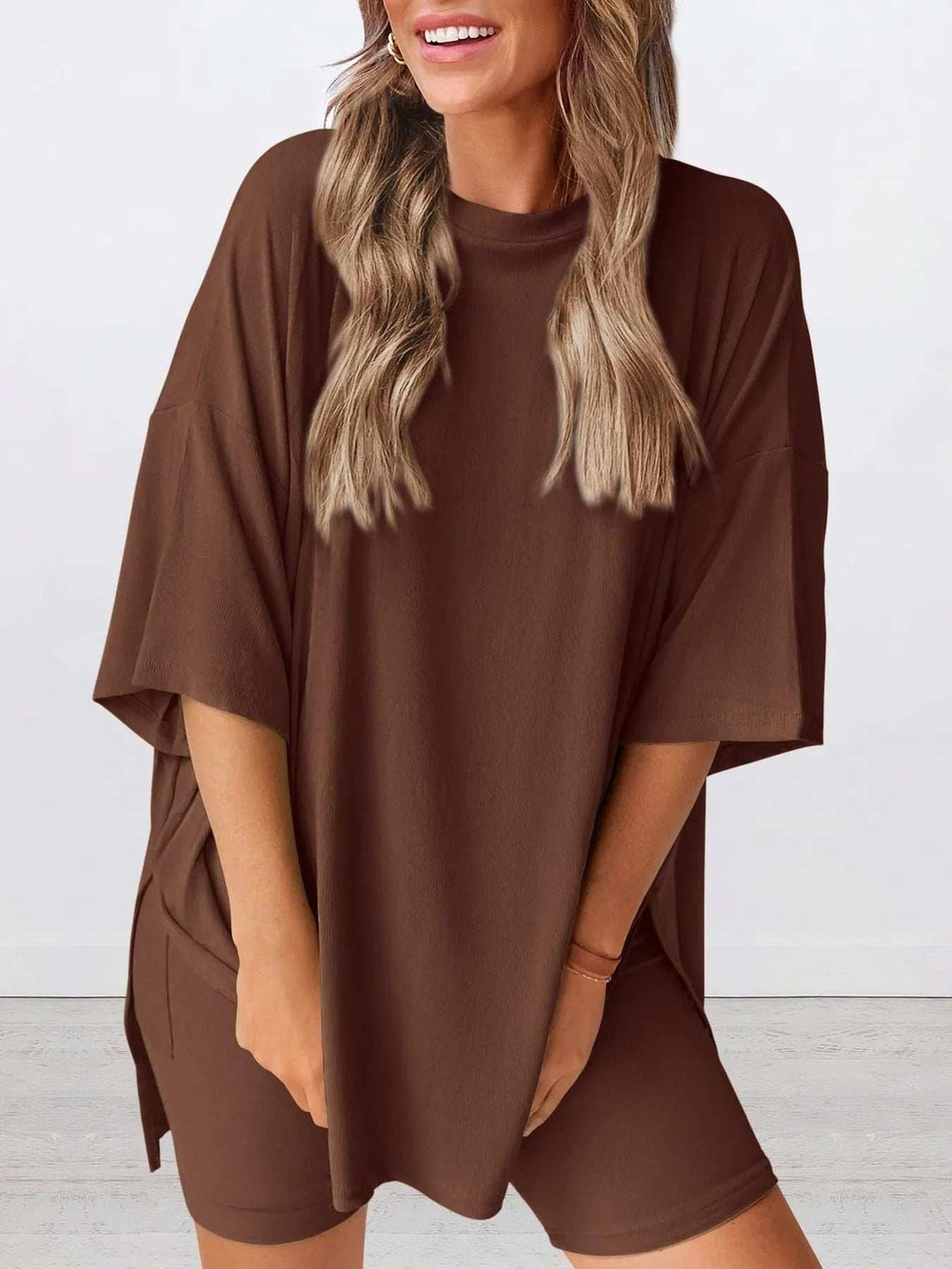 Full Size Oversized Round Neck Top and Shorts Set Plus Size - Trendsi - Flyclothing LLC