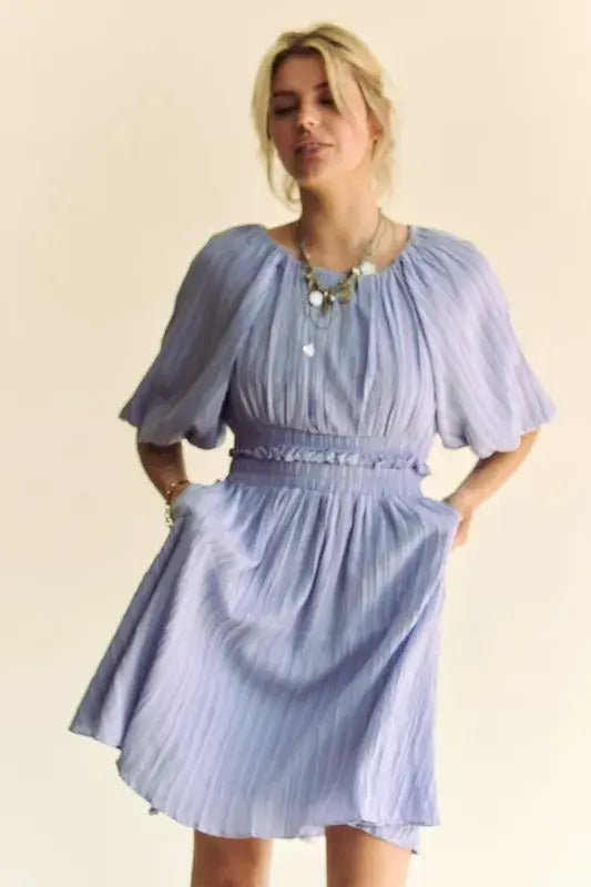 Davi & Dani Back Button Puff Sleeve Mini Dress - Trendsi - Flyclothing LLC