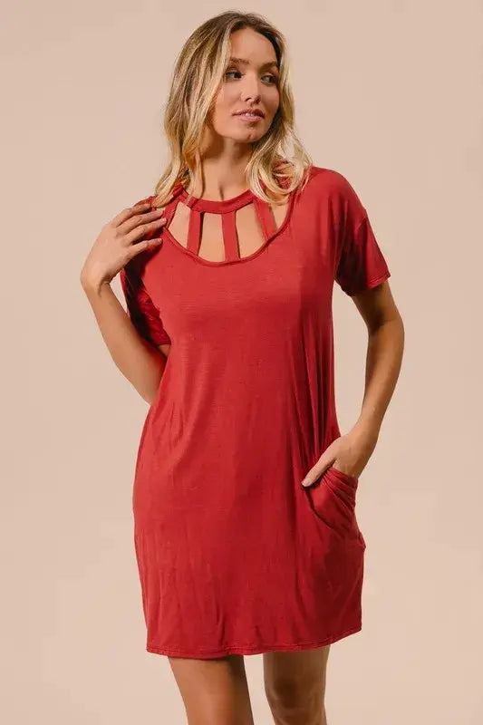 BiBi Front Cutout Mini Tee Dress with Pockets - Trendsi - Flyclothing LLC