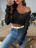 Openwork Collared Neck Long Sleeve Knit Top - Trendsi