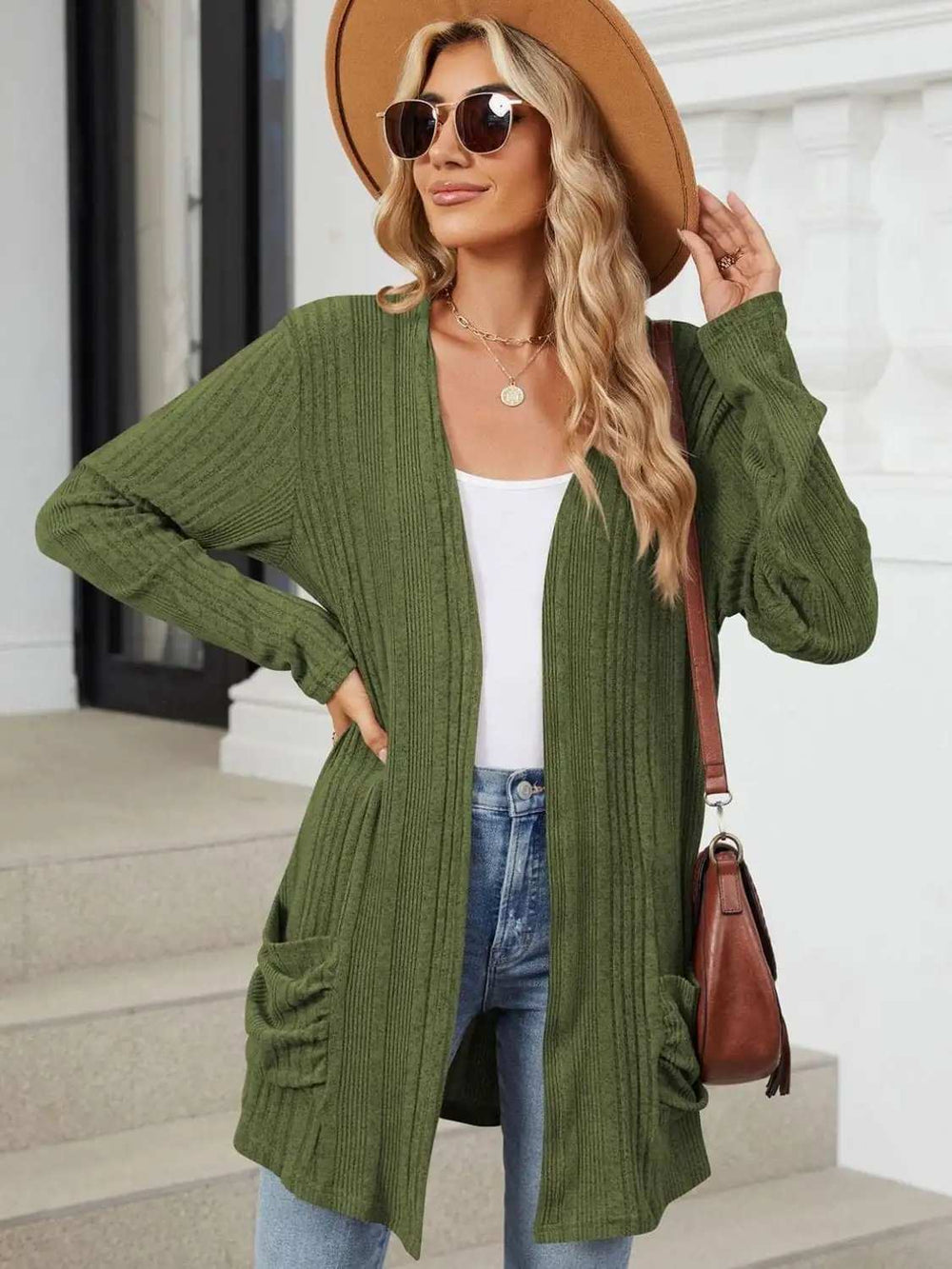 Pocketed Open Front Long Sleeve Cardigan - Trendsi - Flyclothing LLC