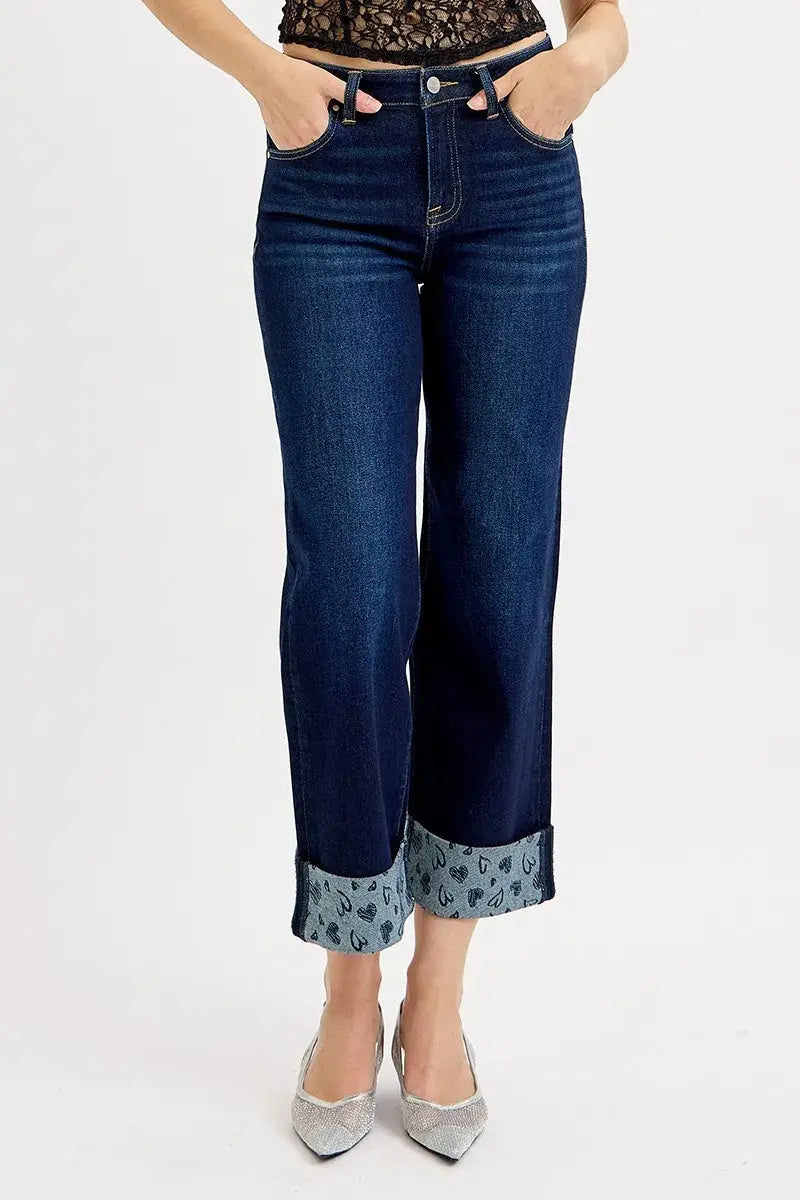 RISEN Full Size Mid Rise Fit Crop Wide With Printed Cuff Jeans Plus Size - Trendsi - Flyclothing LLC