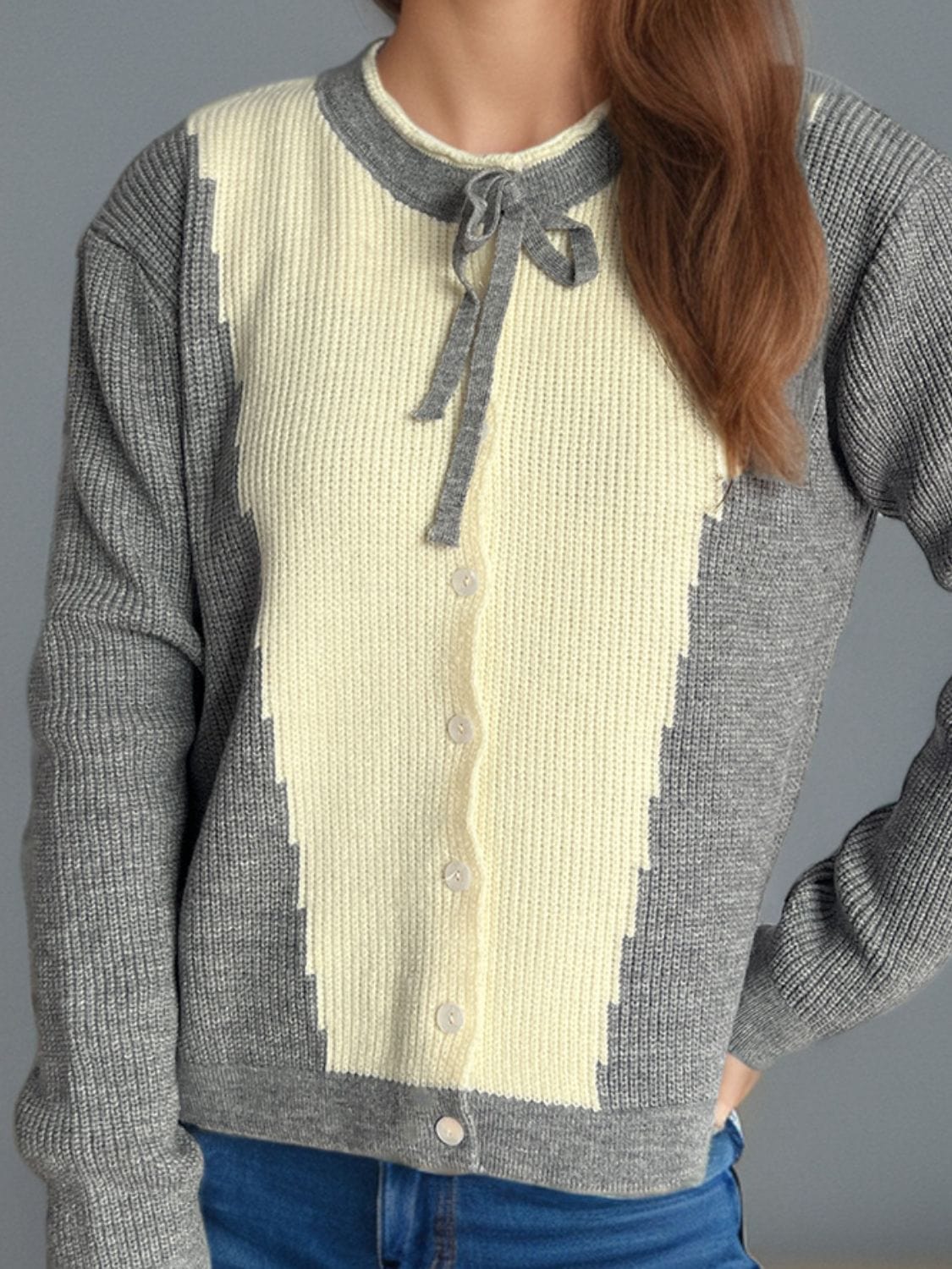 Contrast Button Down Long Sleeve Cardigan - Trendsi