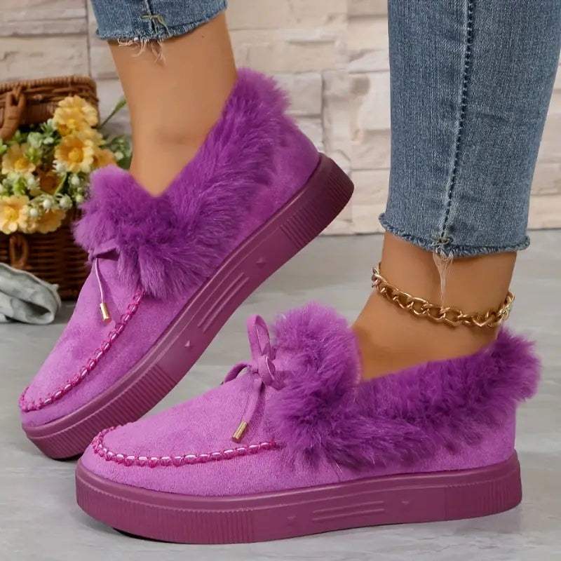 Bow Furry Round Toe Flat Slip-Ons - Trendsi - Flyclothing LLC