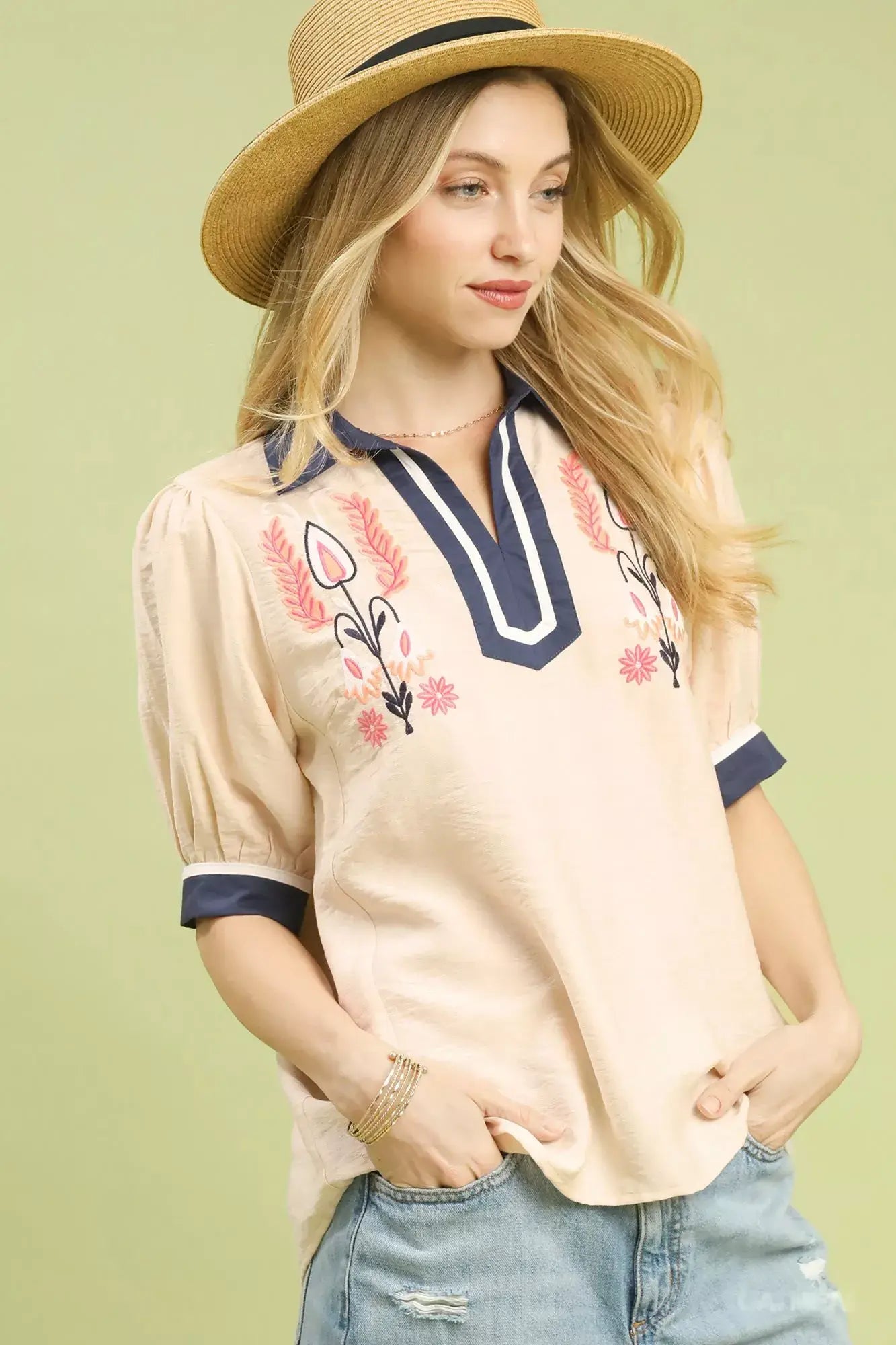 Umgee Embroidered Puff Sleeve Contrast Trim Top - Trendsi - Flyclothing LLC