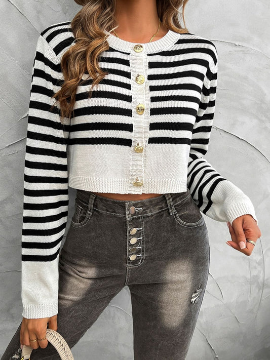 Devine Striped Round Neck Button Down Cardigan - Trendsi