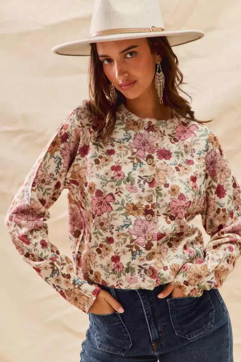 SO ME Floral Print Button Front Sweater Cardigan - Trendsi - Flyclothing LLC