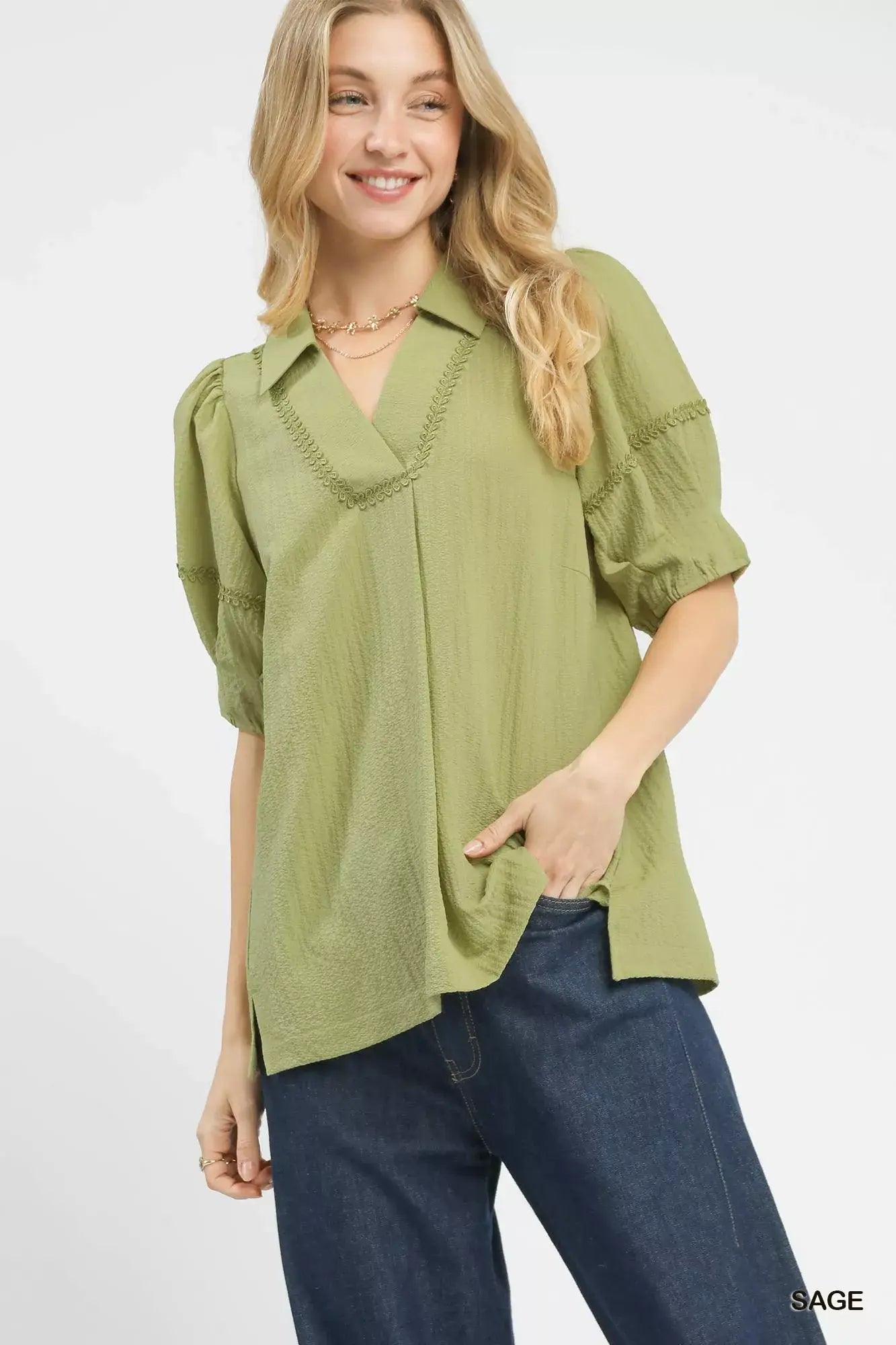 Umgee Textured Puff Sleeve Top - Trendsi - Flyclothing LLC
