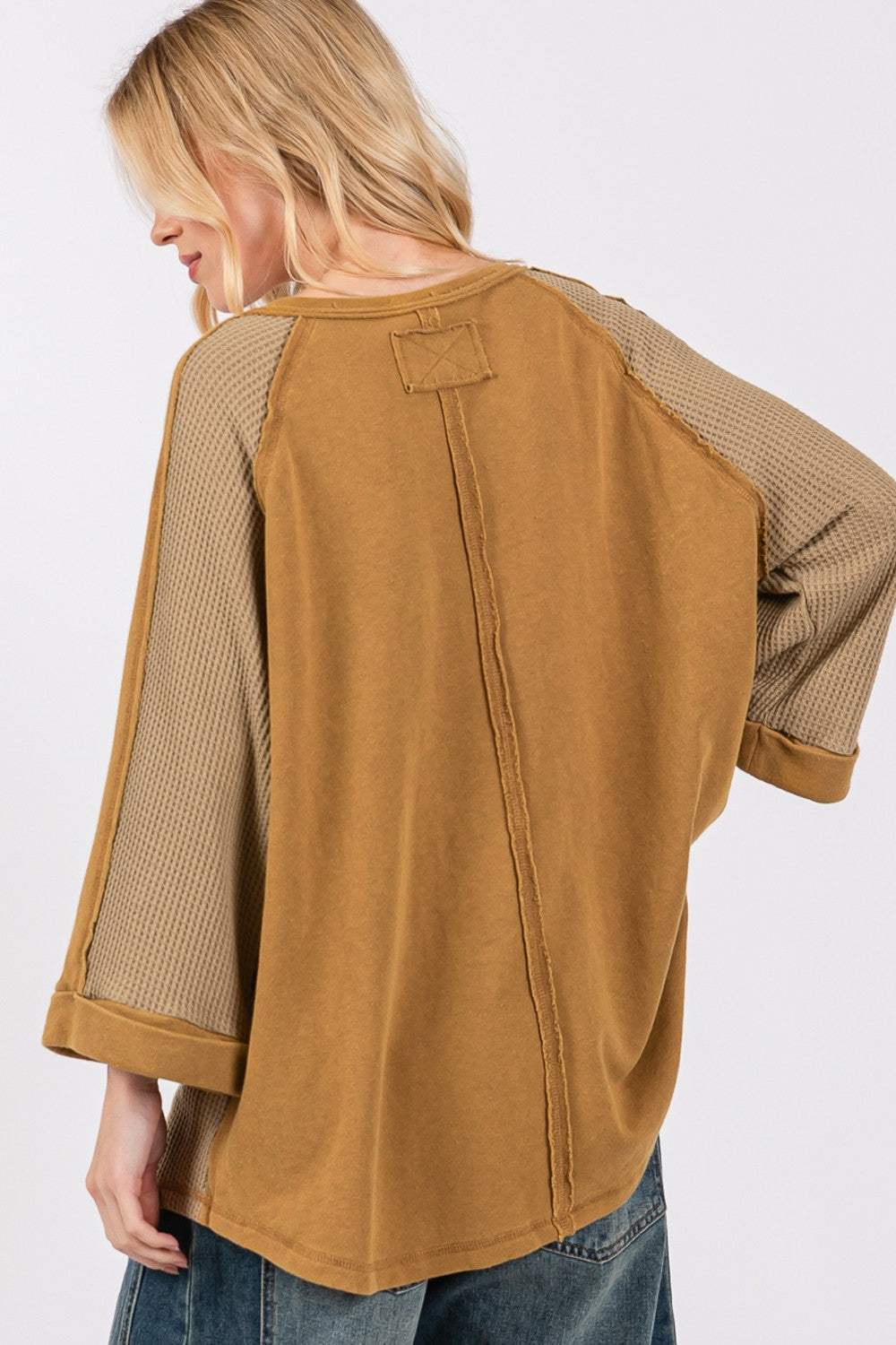 SAGE + FIG Star Applique Patch Exposed Seam Waffle Knit Top - Trendsi - Flyclothing LLC