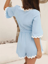 Contrast Trim Surplice Tie Waist Romper - Trendsi - Flyclothing LLC