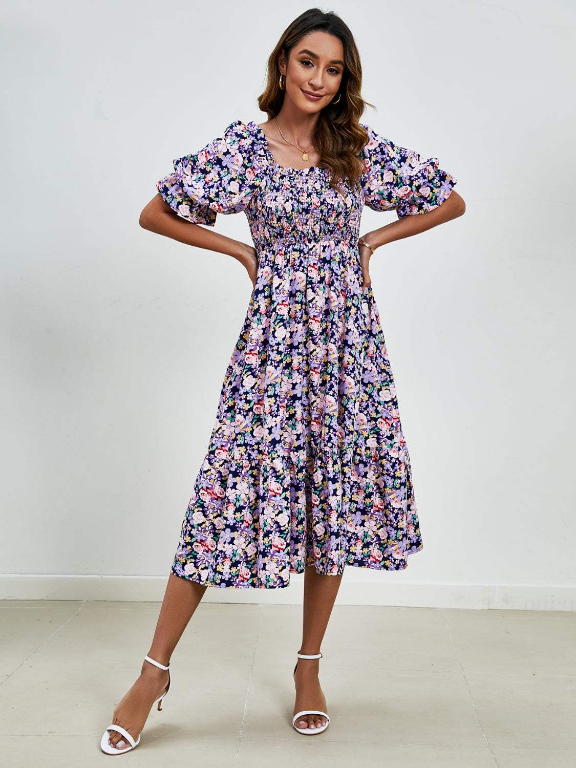 Smocked Floral Square Neck Short Sleeve Dress - Trendsi - Flyclothing LLC
