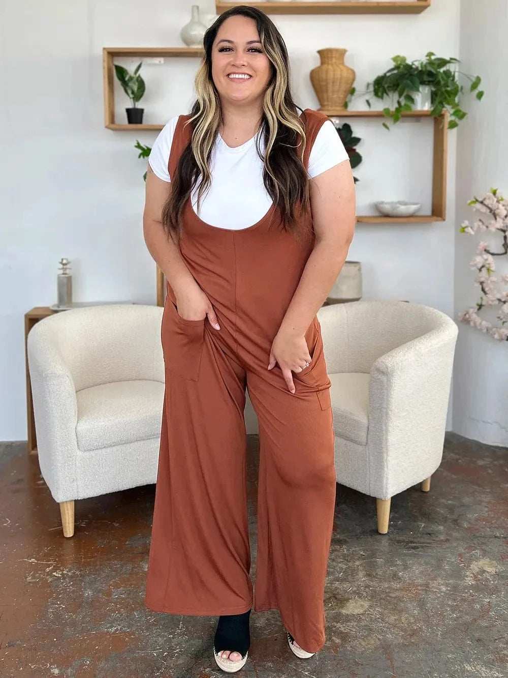Double Take Full Size Sleeveless Wide Leg Jumpsuit with Pockets - Trendsi - Flyclothing LLC