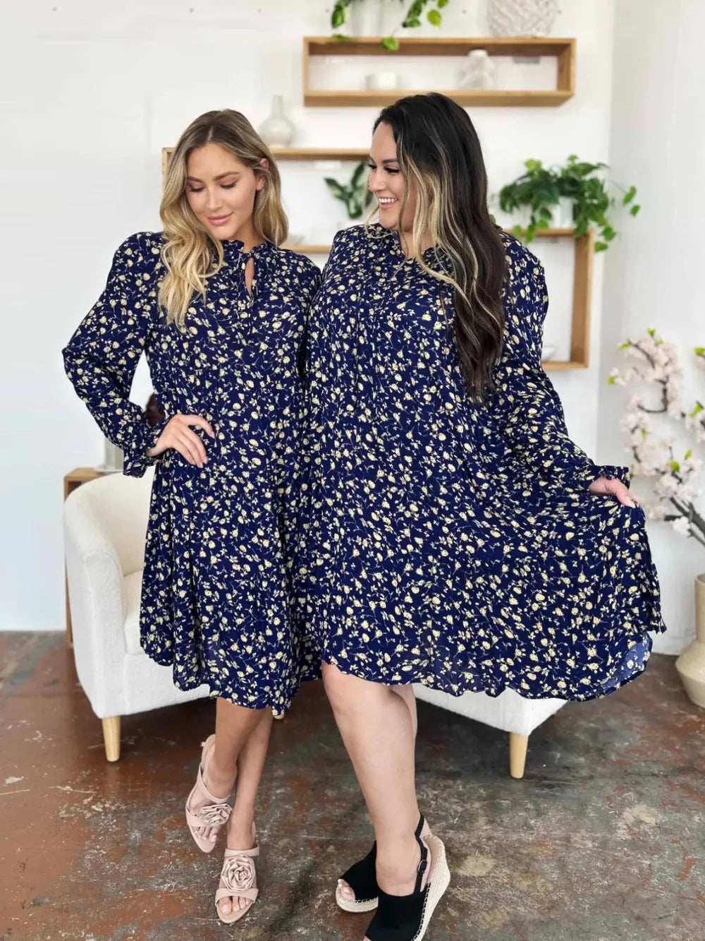 Double Take Full Size Printed Ruffle Hem Long Sleeve Tiered Dress - Trendsi - Flyclothing LLC