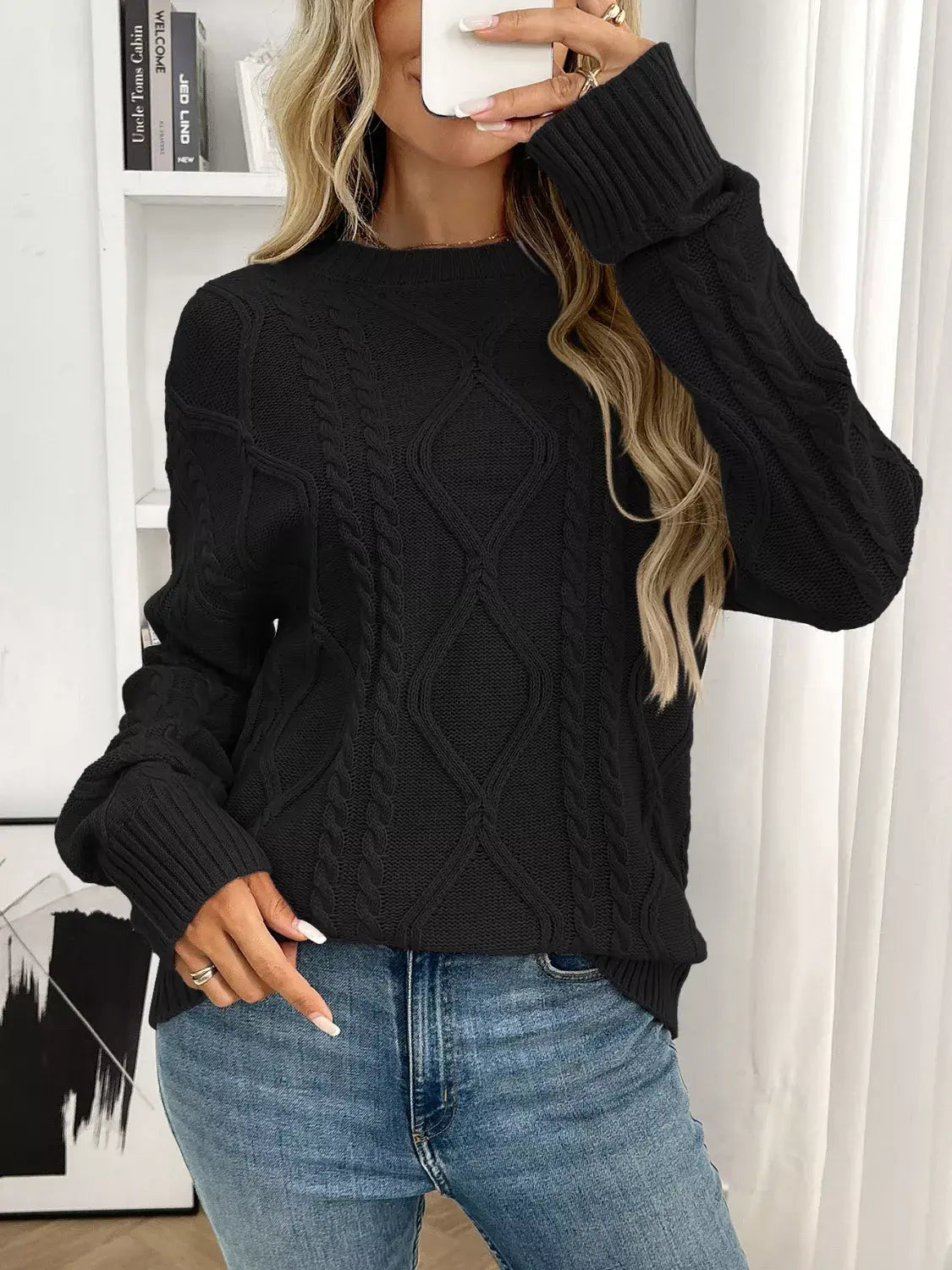 Cable Knit Round Neck Sweater - Trendsi - Flyclothing LLC