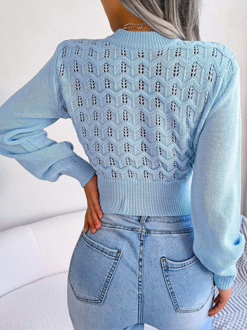 Openwork Mock Neck Long Sleeve Cropped Sweater - Trendsi - Flyclothing LLC