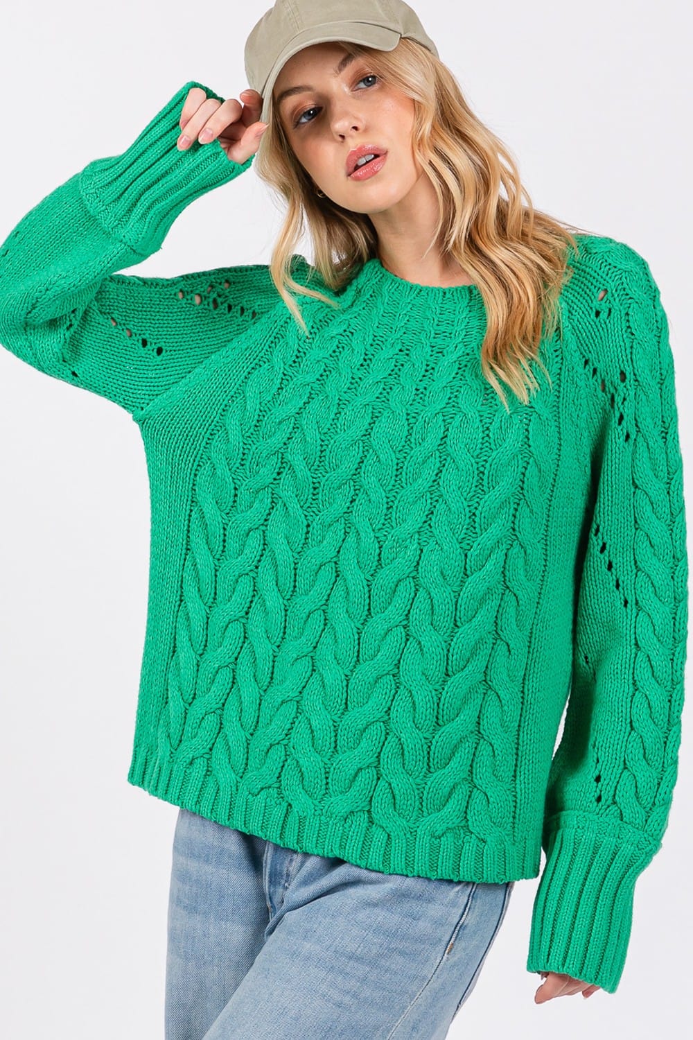 SAGE + FIG Cable-Knit Long Sleeve Sweater - Trendsi