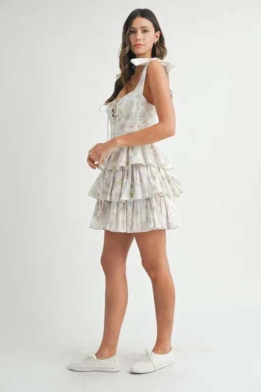 MABLE Floral Print Shoulder Tie Layered Mini Dress - Trendsi - Flyclothing LLC