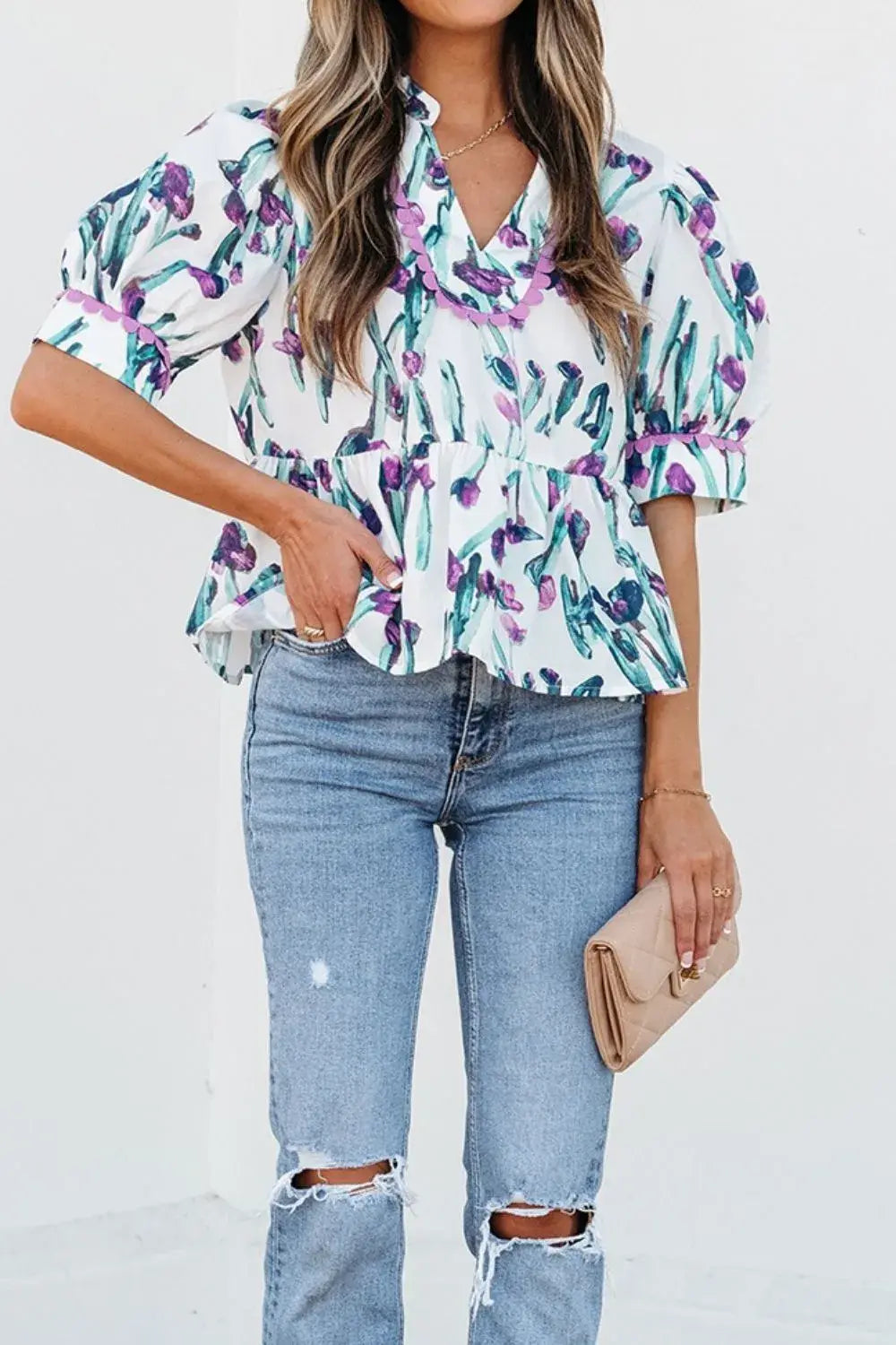 Floral Ricrac Trim Half Sleeve Peplum Top - Trendsi - Flyclothing LLC