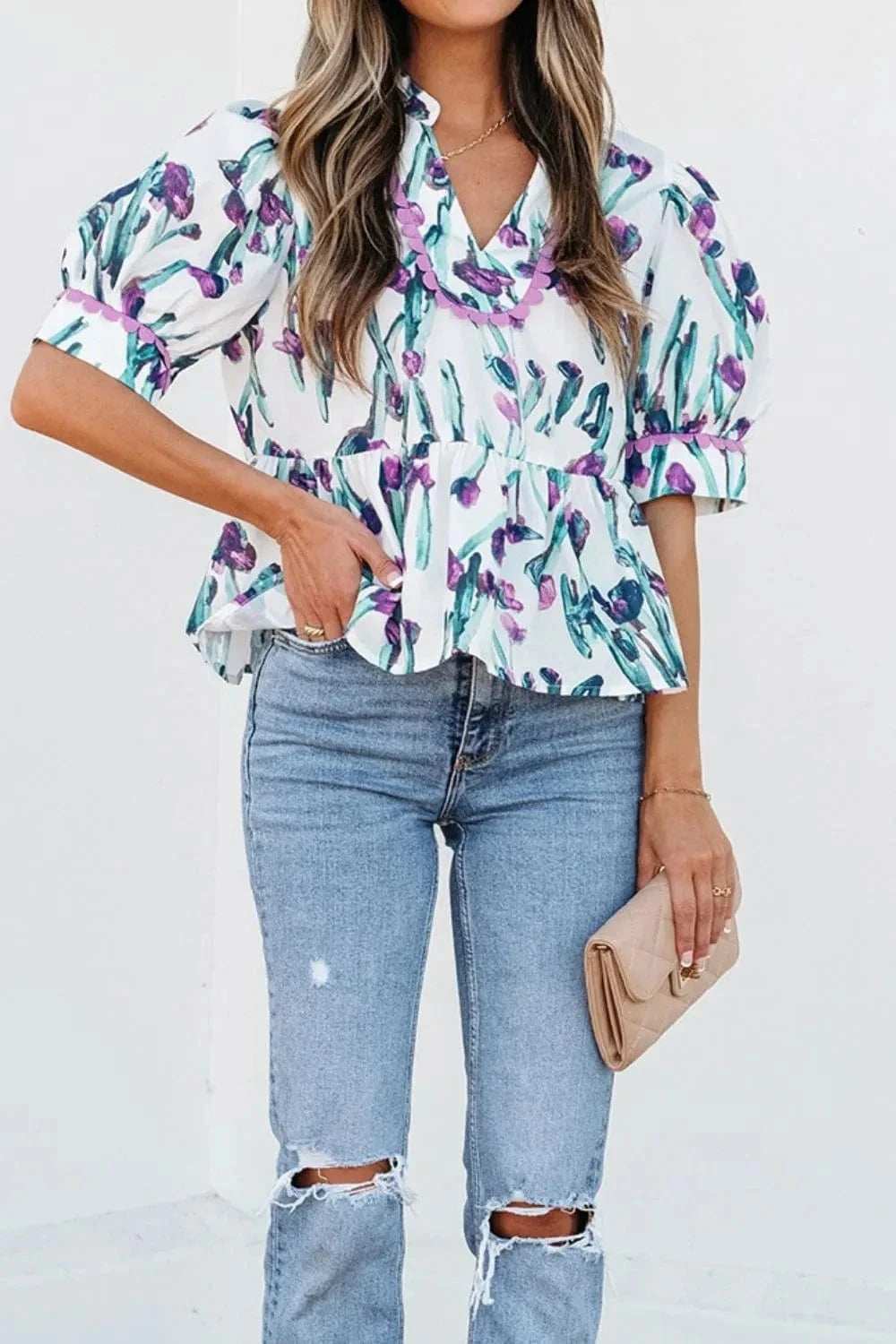 Floral Ricrac Trim Half Sleeve Peplum Top - Trendsi - Flyclothing LLC