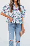Floral Ricrac Trim Half Sleeve Peplum Top - Trendsi