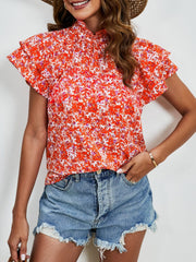 Ditsy Floral Mock Neck Flounce Sleeve Blouse - Trendsi