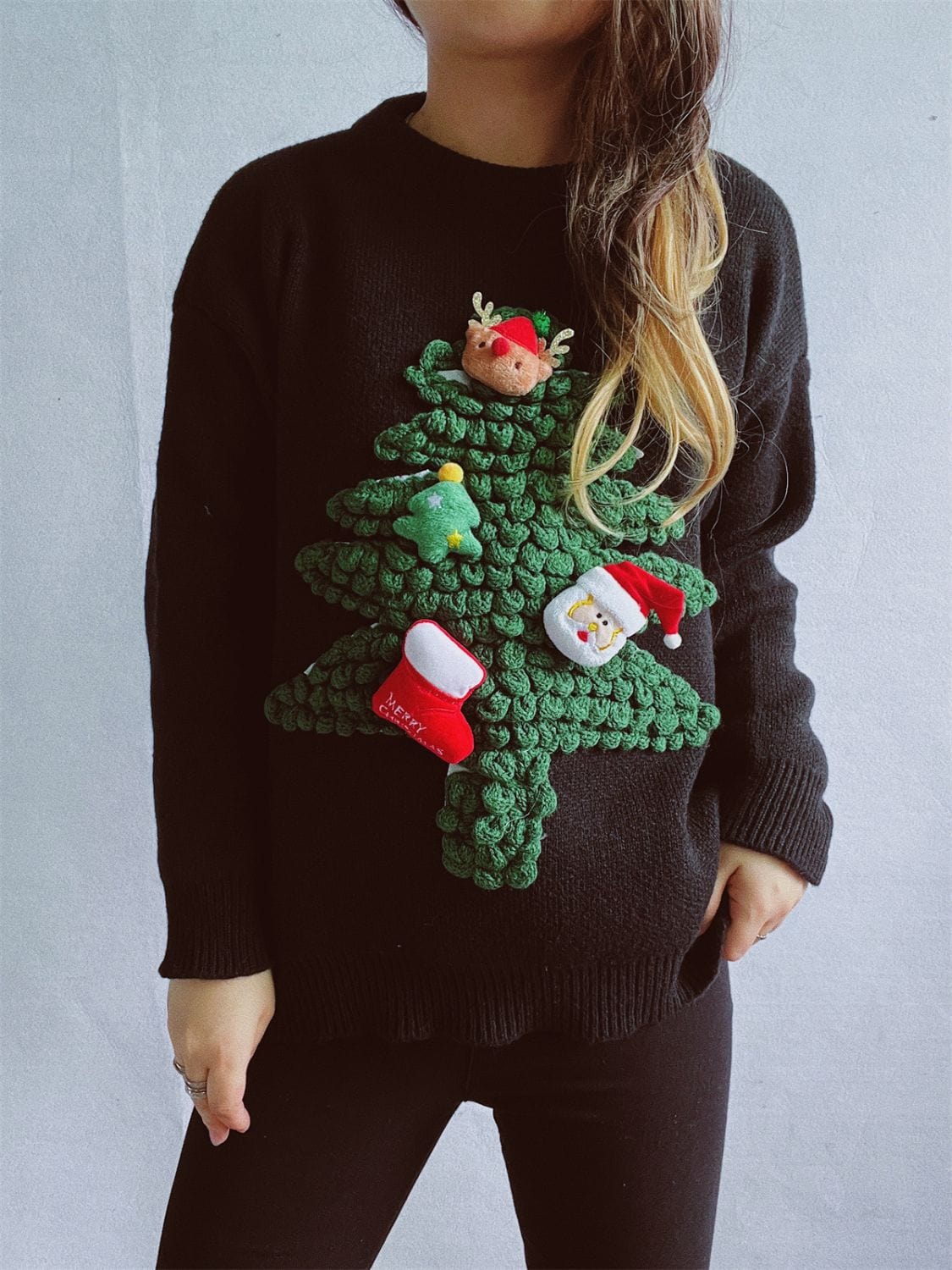 Christmas Tree Round Neck Long Sleeve Sweater - Trendsi