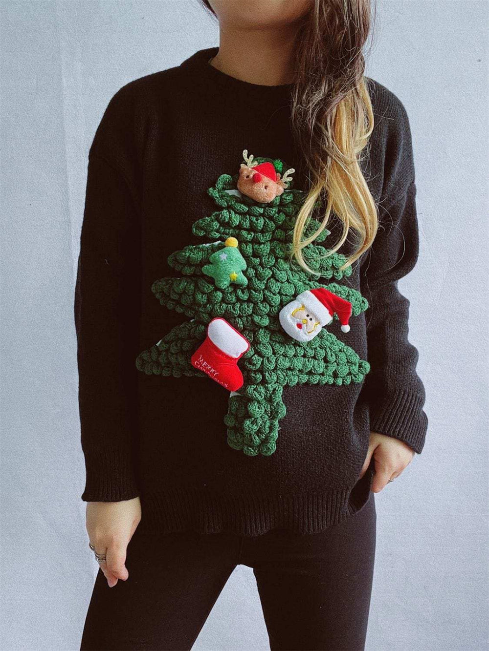Christmas Tree Round Neck Long Sleeve Sweater - Trendsi - Flyclothing LLC