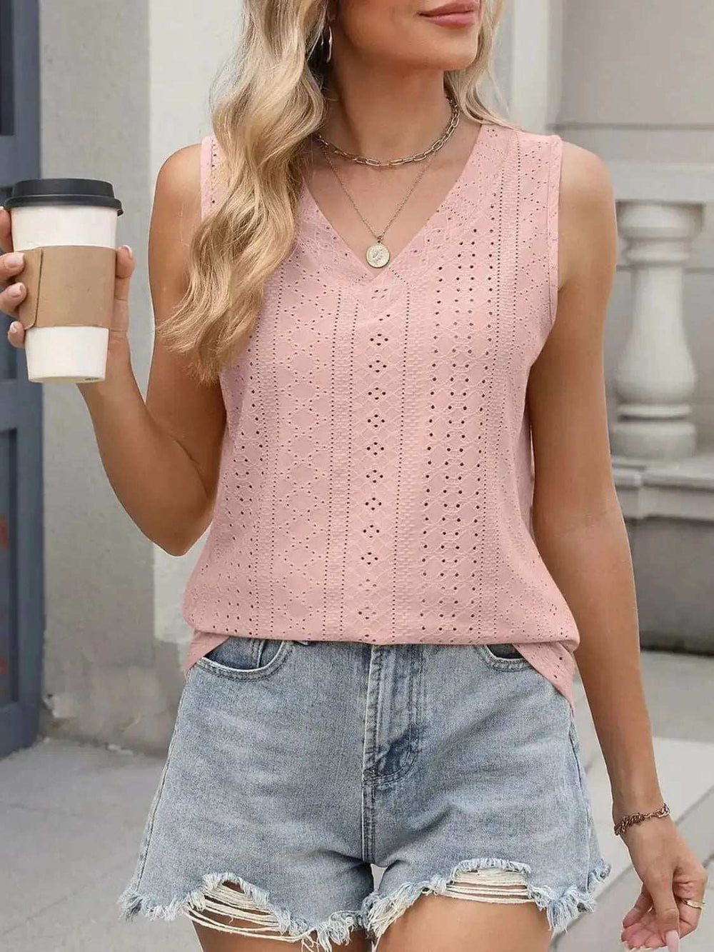 V-Neck Eyelet Knit Cami Tank Top - Trendsi - Flyclothing LLC