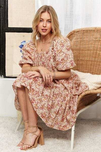 ADORA Floral Square Neck Puff Sleeve Dress - Trendsi - Flyclothing LLC