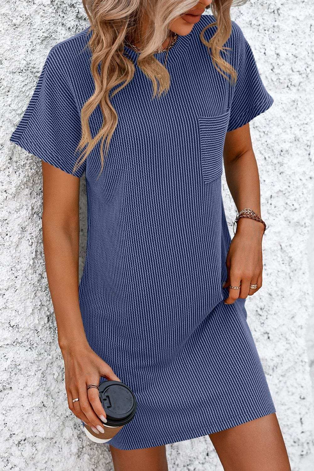 Ribbed Striped Short Sleeve Mini Tee Dress - Trendsi - Flyclothing LLC