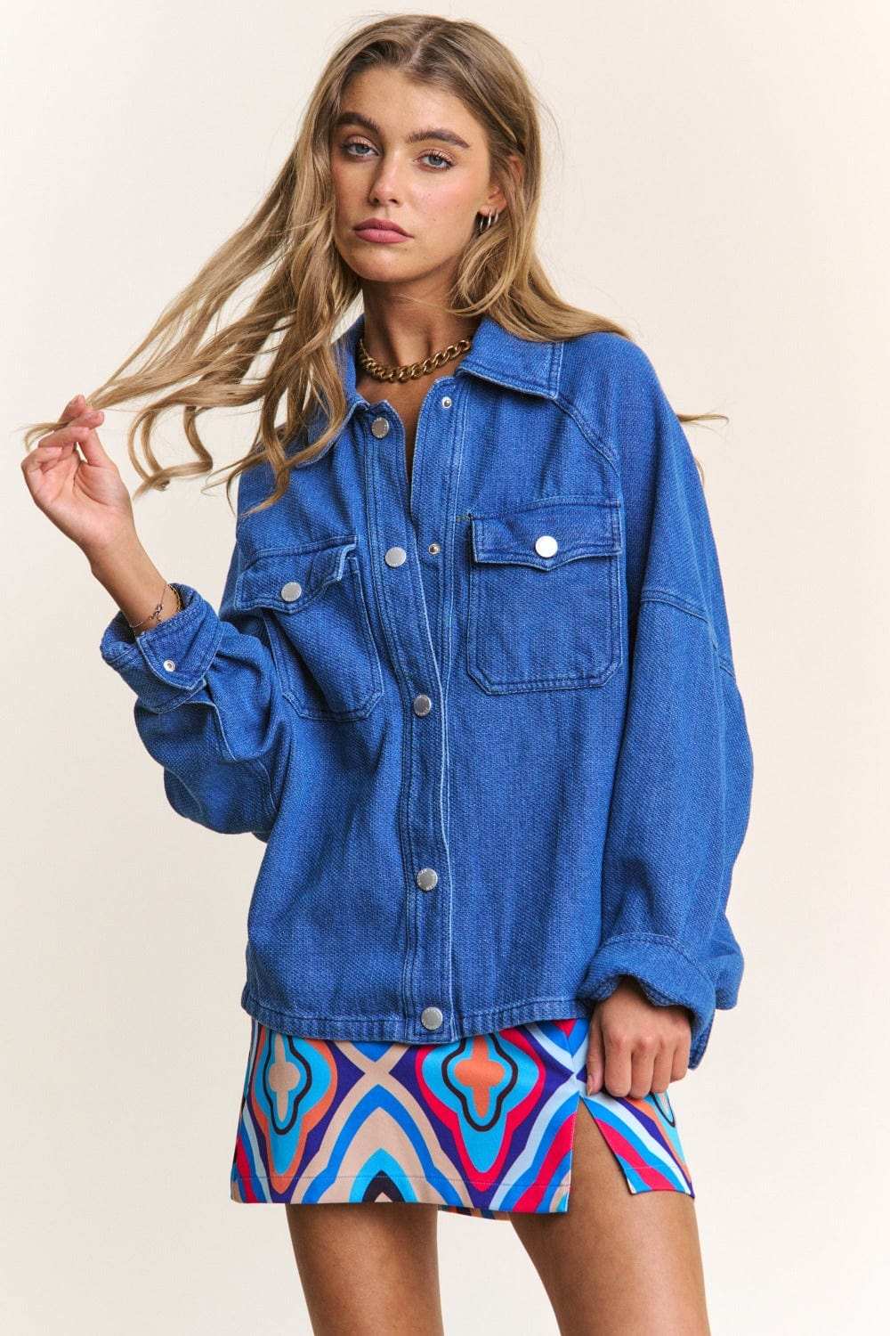 J.NNA Snap Down Long Sleeve Denim Shacket - Trendsi - Flyclothing LLC