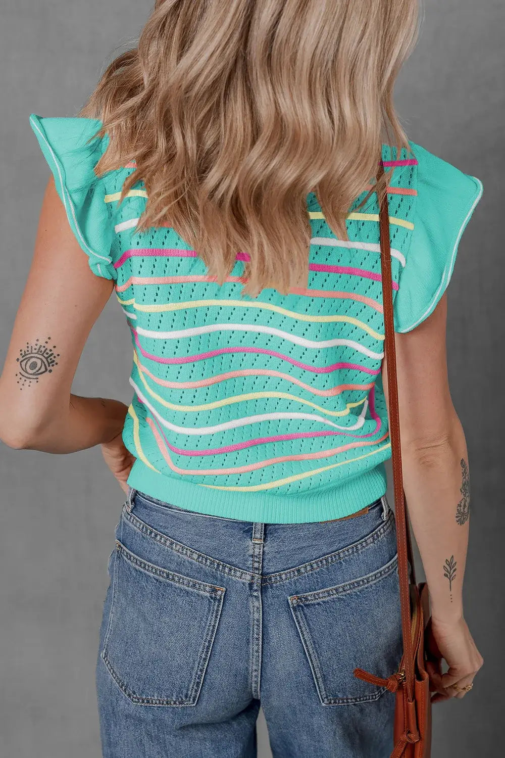 Ruffled Eyelet Striped Round Neck Cap Sleeve Knit Top - Trendsi - Flyclothing LLC