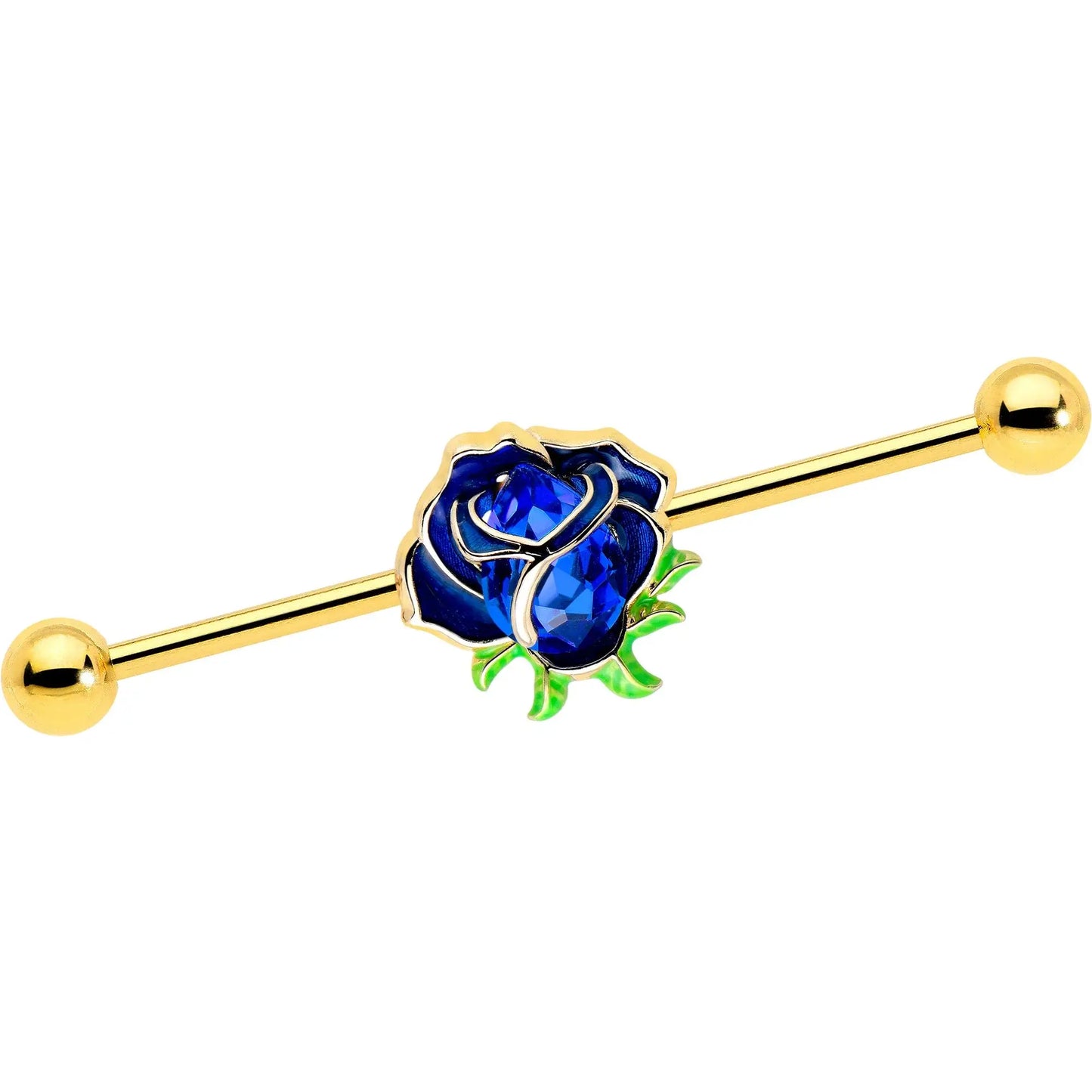 14G Blue Gem Gold Tone Deep Blue Flower Industrial Barbell 38mm - BodyCandy - Flyclothing LLC