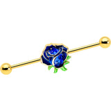 14G Blue Gem Gold Tone Deep Blue Flower Industrial Barbell 38mm - BodyCandy - Flyclothing LLC
