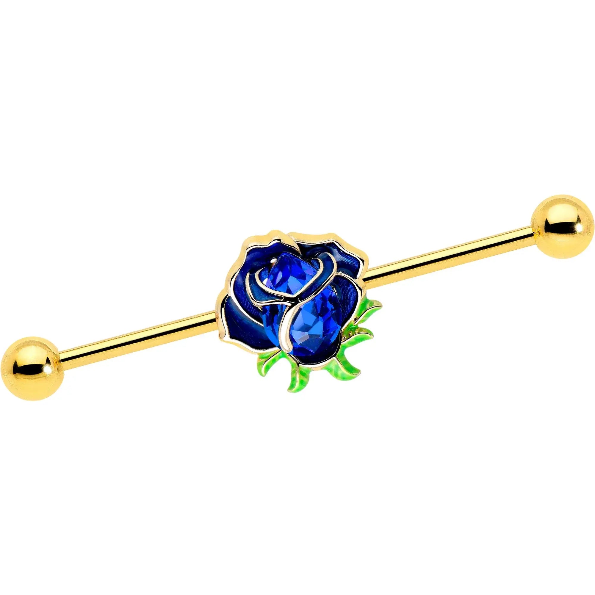 14G Blue Gem Gold Tone Deep Blue Flower Industrial Barbell 38mm - BodyCandy - Flyclothing LLC