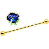 14G Blue Gem Gold Tone Deep Blue Flower Industrial Barbell 38mm - BodyCandy - Flyclothing LLC