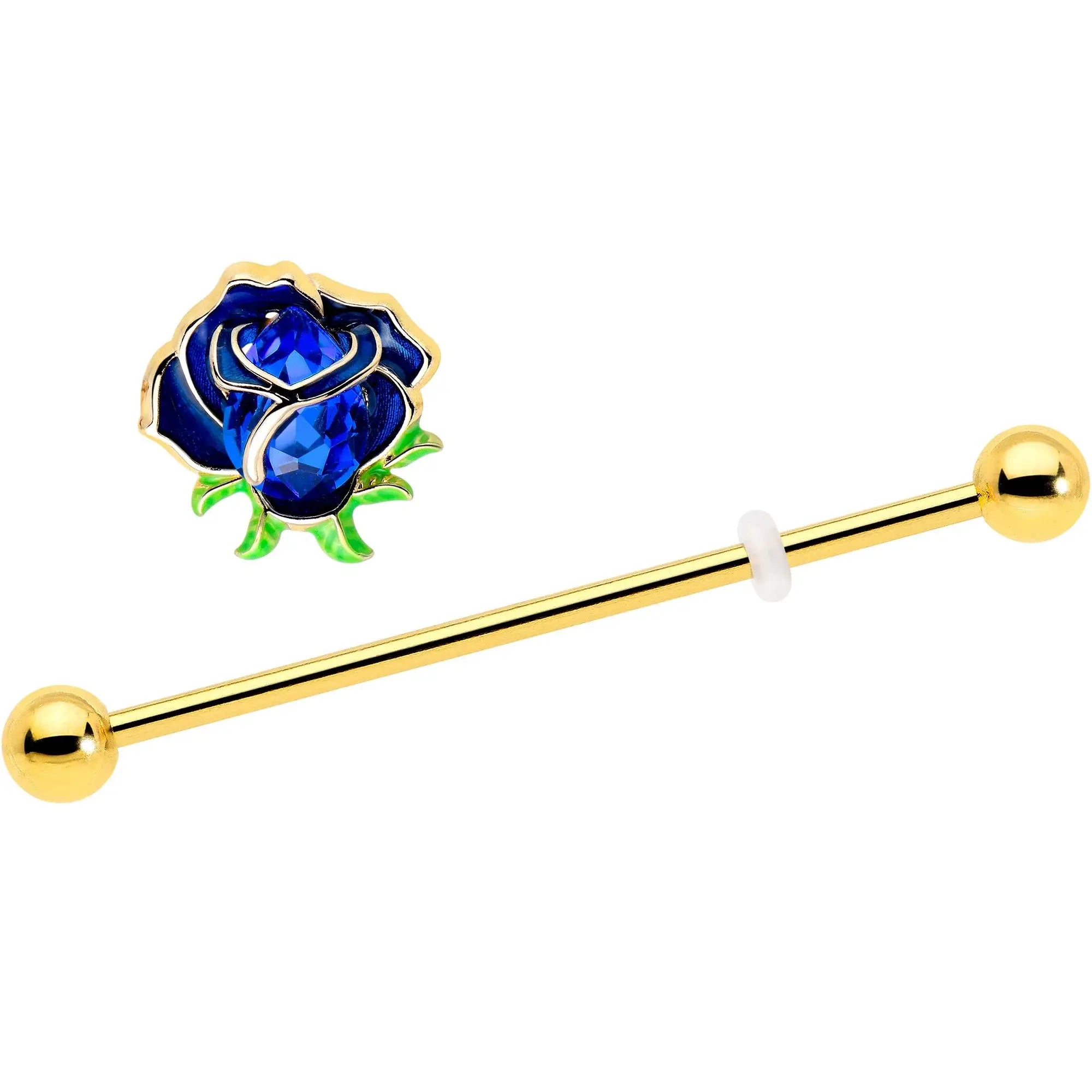 14G Blue Gem Gold Tone Deep Blue Flower Industrial Barbell 38mm - BodyCandy - Flyclothing LLC