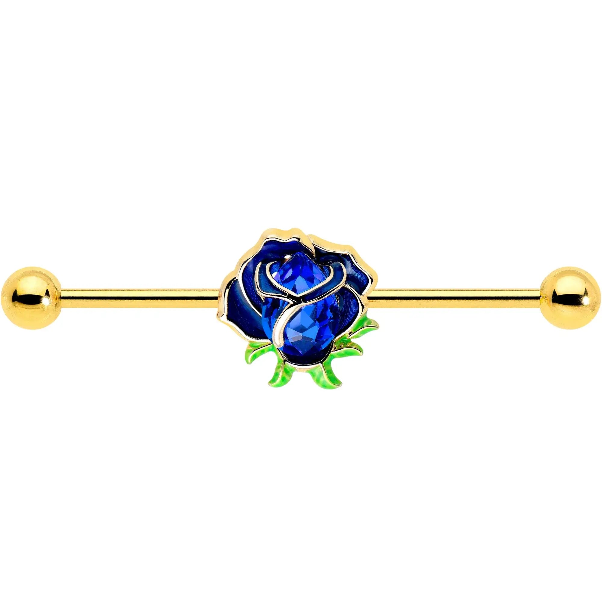 14G Blue Gem Gold Tone Deep Blue Flower Industrial Barbell 38mm - BodyCandy - Flyclothing LLC
