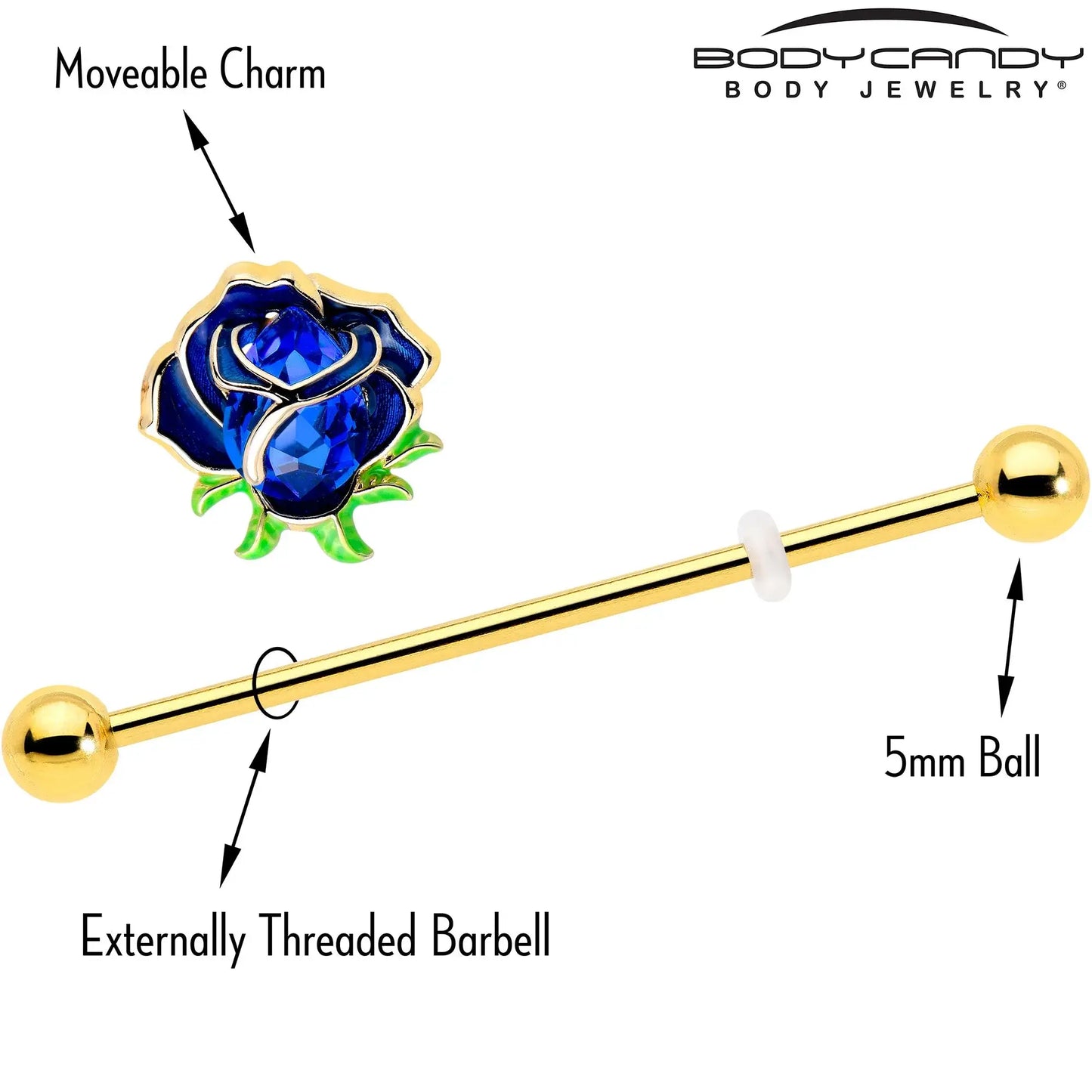 14G Blue Gem Gold Tone Deep Blue Flower Industrial Barbell 38mm - BodyCandy - Flyclothing LLC